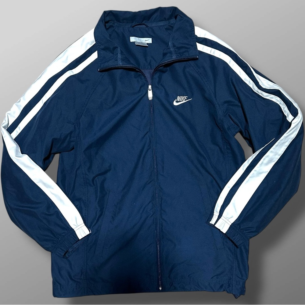 Nike Men’s Small Navy Blue Full Zip Jacket White Accents Lined Athletic
